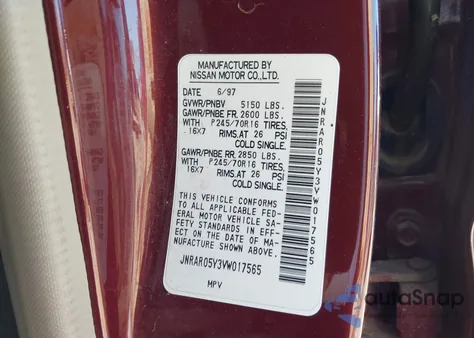 1997 Infiniti Qx4 z USA, uszkodzony, nr VIN JNRAR05Y3VW017565